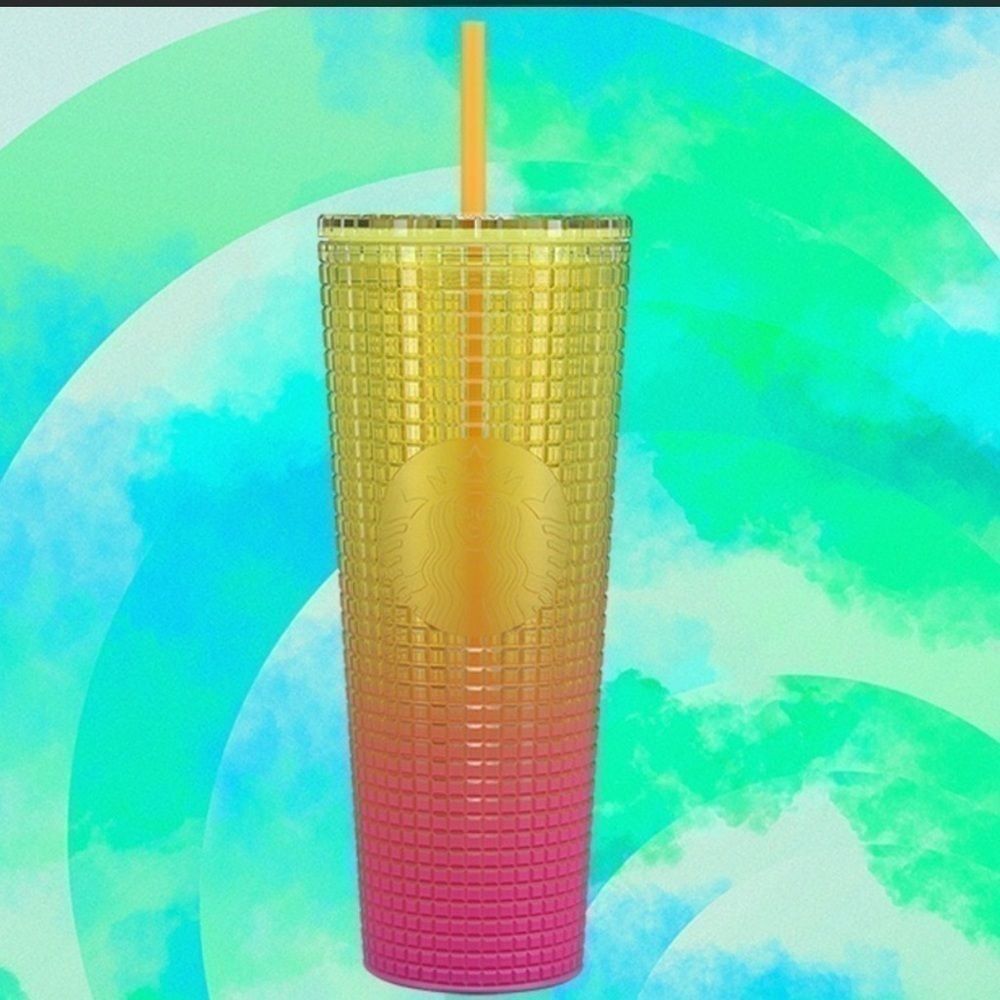 NWT STARBUCKS SUMMER 2022 YELLOW AND PINK GRID TUMBLER 24 OZ